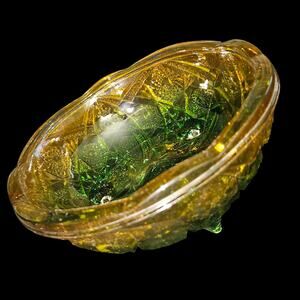 Vintage Green & Amber Pressed Glass Bowl Daisy Button Starburst 7" Footed